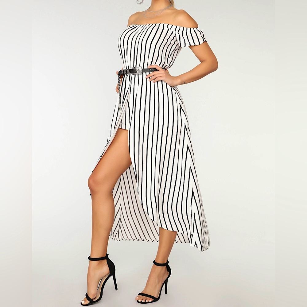 Off Shoulder Stripe Maxi Romper Dress